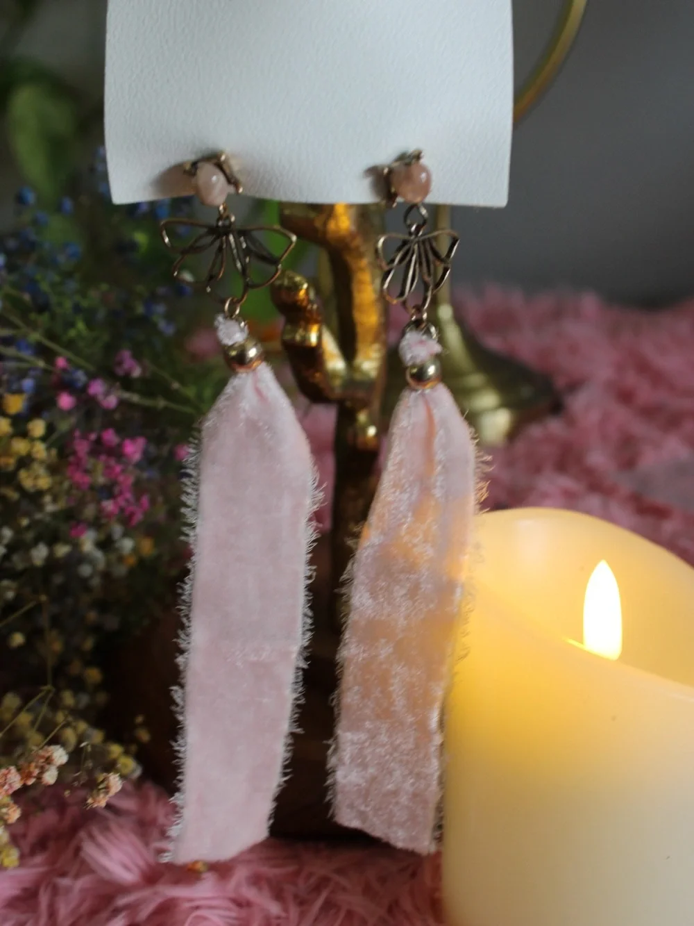 Free People Pink Velvet Ribbon Floral Dangle Statement Earrings